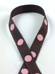 0.95 cm x 9.14metres Grosgrain Polka Dot -Chocolate with Pink dots