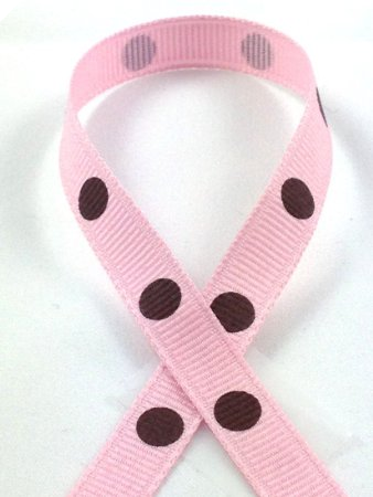 0.95 cm x 9.14metres Grosgrain Polka Dot -Pink with Chocolate dots