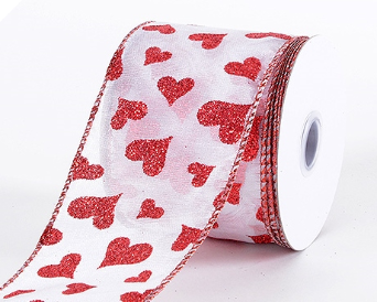 6.35cm Wired Valentine Red Heart Ribbon - White