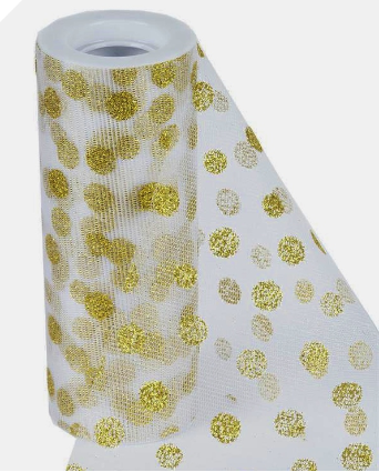 Glitter Polka Dot Tulle Roll 15.24cm x 9.14m - White with Gold Dots
